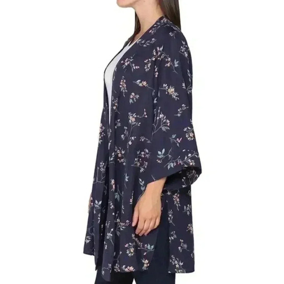New Tahari Floral Open Top Kimono Style Blue Small Medium Lightweight Shirt - Picture 3 of 16